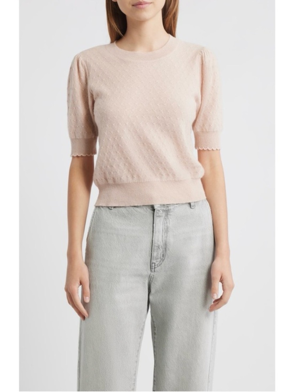 Frame Puff Sleeve Pointelle Cashmere Sweater in Pink Sand Size L